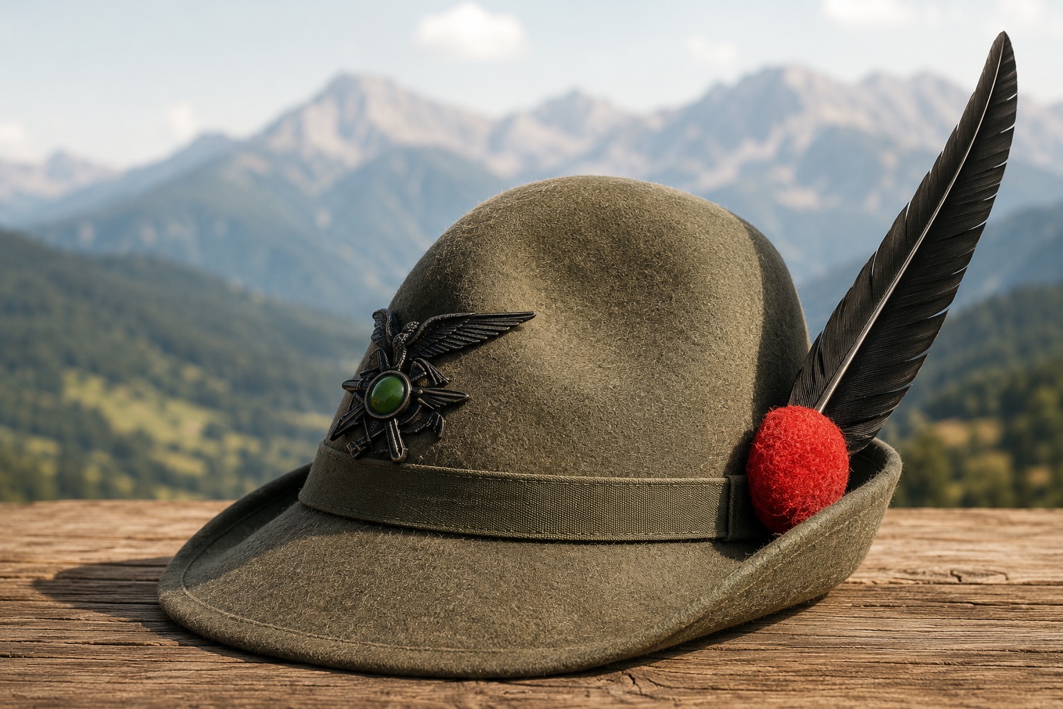 Il Cappello Alpino, con nappina, fregio e penna nera, su uno sfondo di montagne.