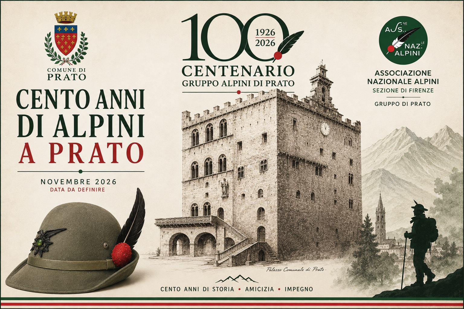 Locandina del centenario: Cento anni di Alpini a Prato, 1926-2026.